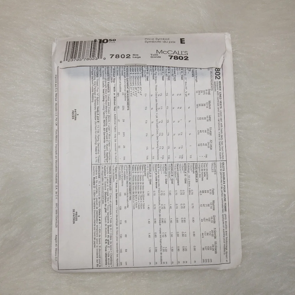 McCall's 7802 Misses' vests variations Size 16-18